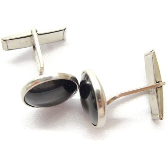 Classic Round Pioneer Black & Silver-Tone Cufflinks Tux Shirt Dress Suit Vintage - Picture 3 of 7